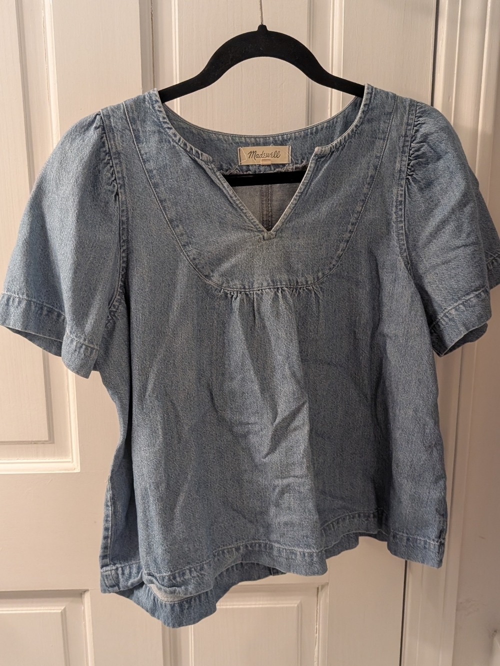 Madewell Light Wash Denim Short Sleeve Peasant Blouse